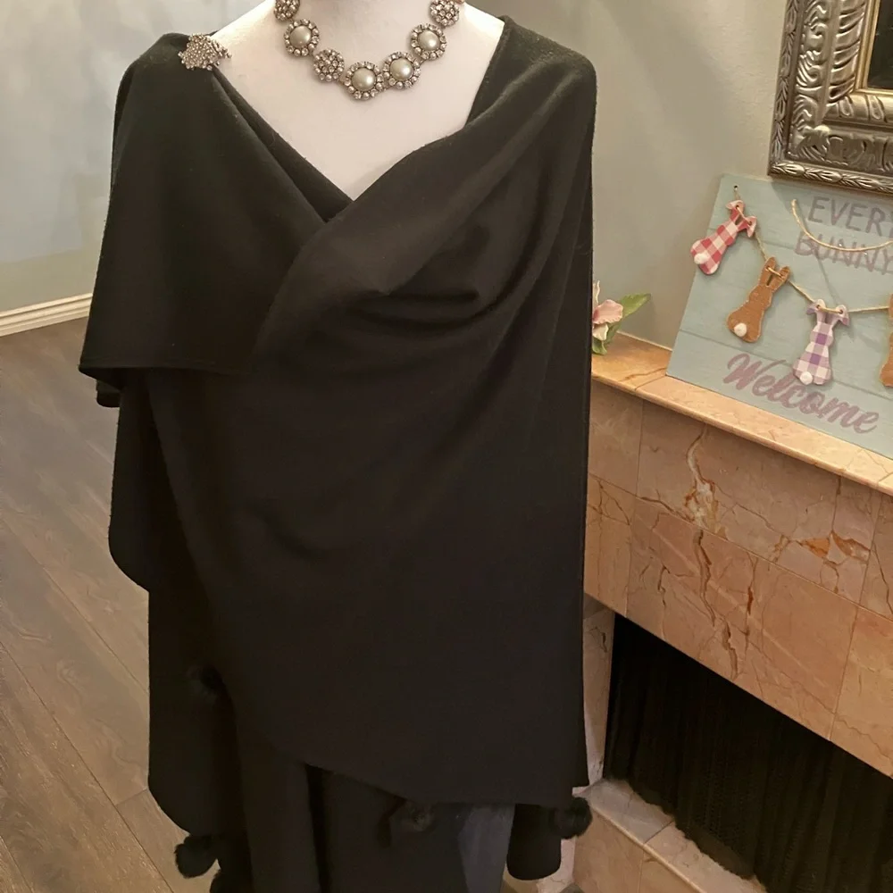 Quite Luxury,Soft girl,pre loved Nina Leonard Drape cape with fur balls